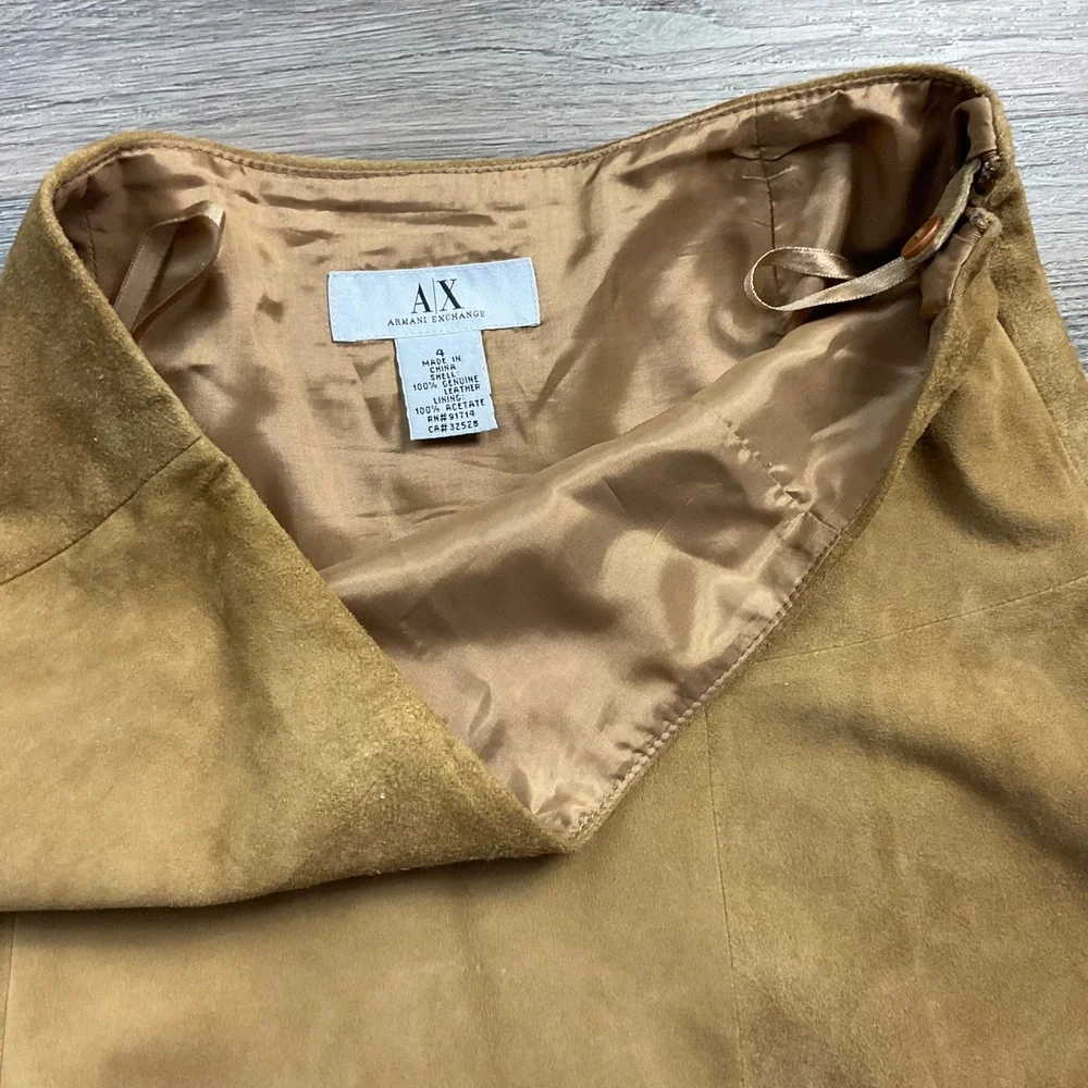 Vintage Y2K Armani‎ Exchange Genuine Suede Asymmetrical Hem Skirt 4 Camel Tan